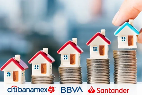 Imagen de casas sobre dinero con logotipos de bancos